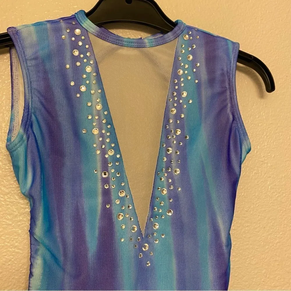 LA designs Custom Solo rhinestoned Dance Costume Leotard blue mesh LC XLC